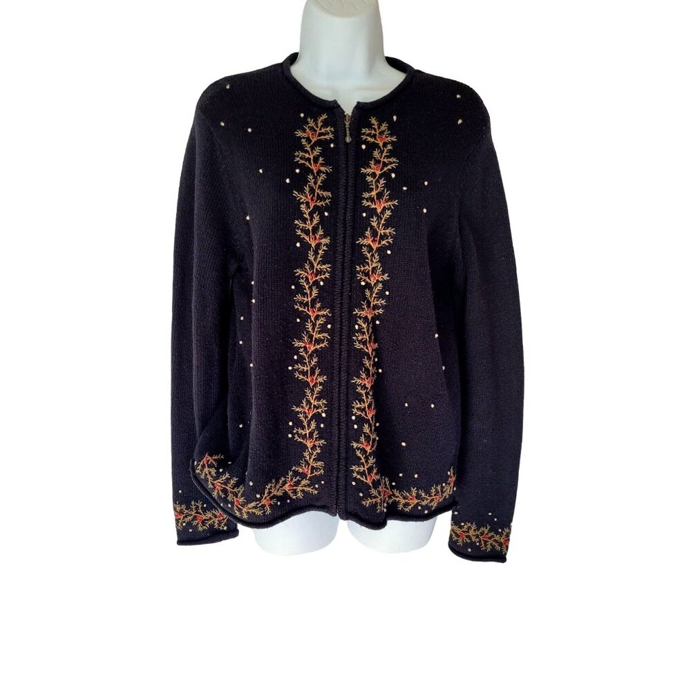 Croft & Barrow Cardigan Sweater S Womens Embroidered Black Full Zip Ramie Acryli